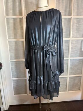 Simply Vera Vera Wang Metallic Charcoal Long-Sleeve Ruffle Tie Dress